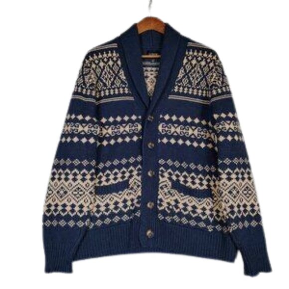 J.Crew Other - J.Crew Cardigan Sweater Mens Large Navy Beaige Fair Isle Wool Blend Button Front